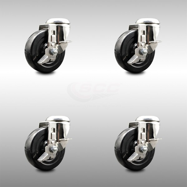4 Inch 316SS Soft Rubber Wheel Swivel Bolt Hole Caster Set with Brake SCC